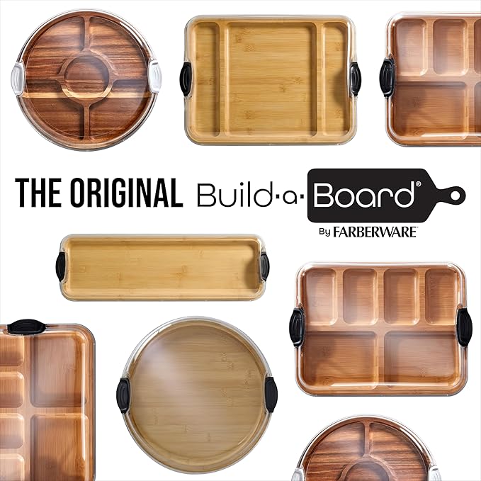 Farberware Build-A-Board Bamboo Cutting Board with Built-In Compartments & Clear Locking Lid, Black Handles – Charcuterie, Snack Tray, Food Prep and Serving Platter