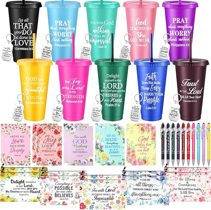50 Pcs Christian Gifts for Women Inspirational Religious Plastic Tumbler Bible Verse Makeup Bag Ballpoint Pens Keychains Church Spiritual Gifts for Faith Pastor's Wife Birthday