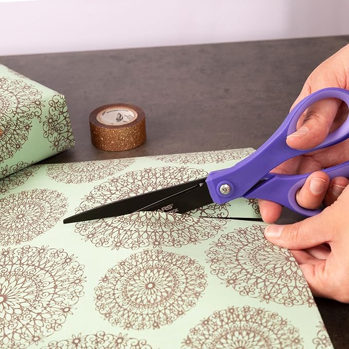 Fiskars Everyday Fashion Scissors, 8" Non-Stick Stainless Steel Blades, White and Green, Cuts Sticky Materials Like Tape and Glue
