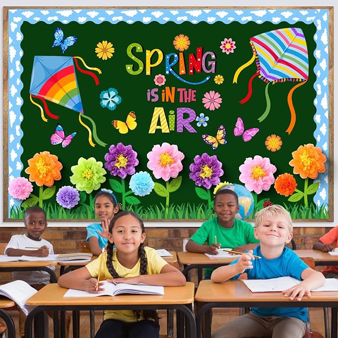 Blosssound 86 Pcs Spring is in The Air Bulletin Board Set Spring Flower Kite Cutouts with 3D Tissue Paper Pompoms Colorful Floral Butterfly Classroom Decorations for School Home Decor Supplies