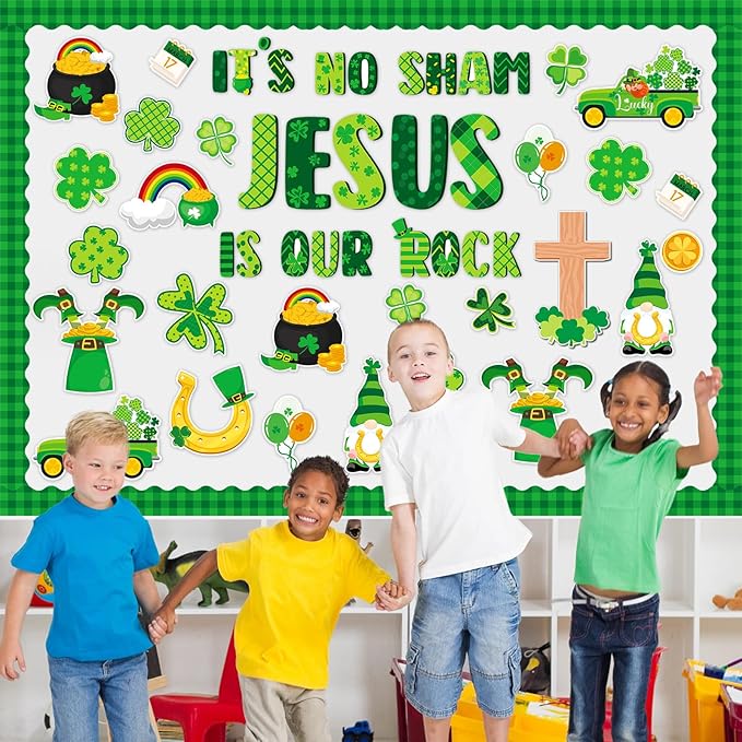 gisgfim St. Patrick's Day Jesus Bulletin Board Decorations Jesus is Our Rock Bulletin Board Set Happy St.Patrick Luck Shamrock Clover Cutouts Borders Decor for Irish Classroom Home Wall(St. Patrick's)