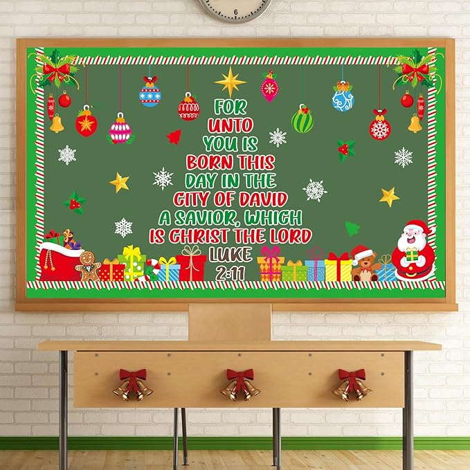 Christmas Religious Bulletin Board Set Christmas Tree Classroom Decor Christian Bible Lord Xmas Gift Boxes Snowflakes Cutouts for Winter Holiday Sunday School Church Classroom Chalkboard Wall Decor