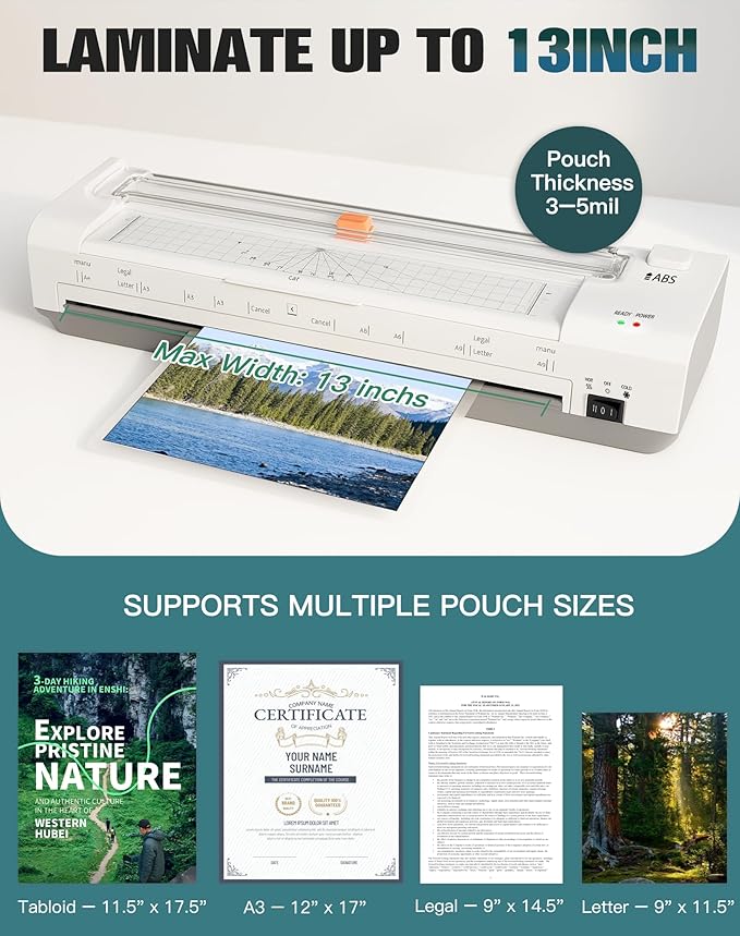 Laminator Machine 13 Inch Lamination Machine with Auto Paper Feed, Never Jam A3 Thermal Lamination, 20 Laminating Sheets 10-in-1 Laminator with Cutter, Trimmer & Corner Rounder for Office School Home