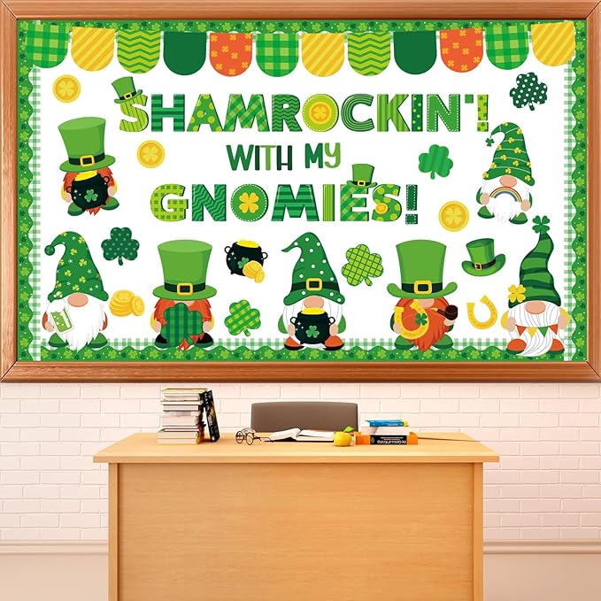 St. Patrick's Day Gnome Bulletin Board Set Shamrockin' with My Gnomies Classroom Decor Lucky Gnome Shamrocks Gold Coin Paper Cutouts Shamrock Bulletin Board Border for Green Irish Holiday School Decor