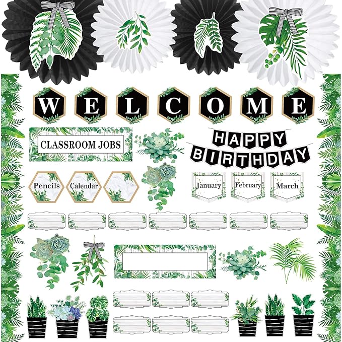 Kosiz Plant Classroom Decorations Sets Boho Greenery Bulletin Board Decor Included Welcome Banner Birthday Bulletin Board Class Jobs Chart for Eucalyptus Nature theme Back to School Classroom Decor