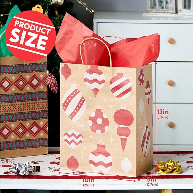 JOYIN 24 PCS Christmas Kraft Gift Bags Xmas Holiday Paper Goody Wrap Shopping Bags with Handles for Holiday Presents, Giant Gifts Decorations, Classrooms and Party Favors (10 x 13 x 5)