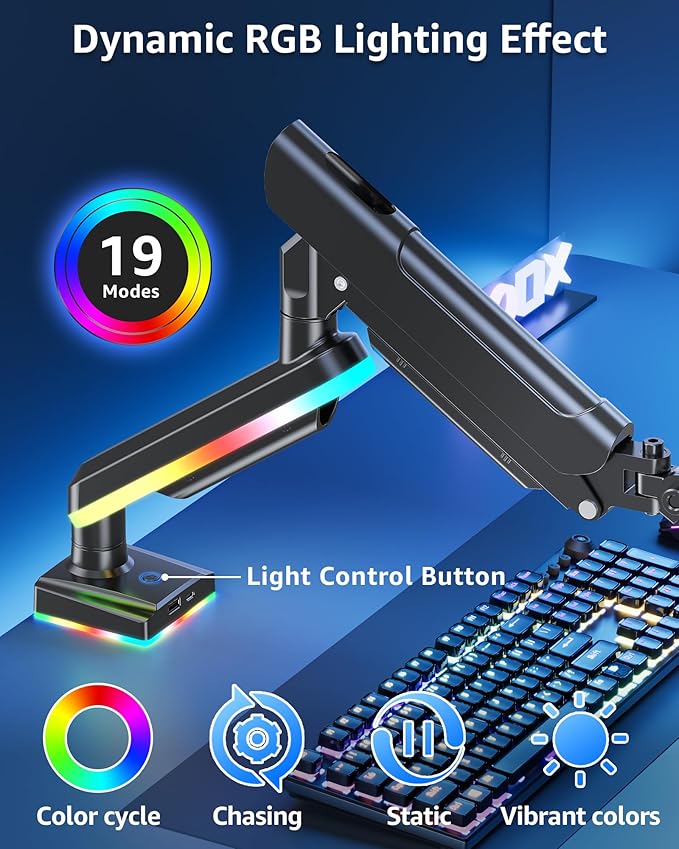 MOUNTUP RGB Single Monitor Arm Fits 32 27 24 22 inch, Holds 4.4-22lbs Screens, Monitor Stand for Desk with RGB Lights, 19 Modes, Computer Monitors Desk Mount, VESA Mount with Clamp & Grommet Bases