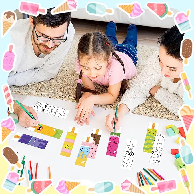 75Pcs Ice Cream Color Your Own Bookmarks for Kids Summer Ice Cream Theme DIY Coloring Blank Bookmark Classroom Art Craft Supplies for Teachers Students Birthday Gift Party Reward Goodie Fillers