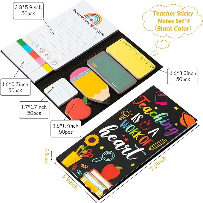 Xqumoi 4 Pcak Teaching is A Work of Heart Sticky Notes Set - Blackboard Pencil Apple Self-Stick Note Pads Teacher Appreciation Gift Writing Memo Pads Page Marker Back to School Office Supplies (Black)