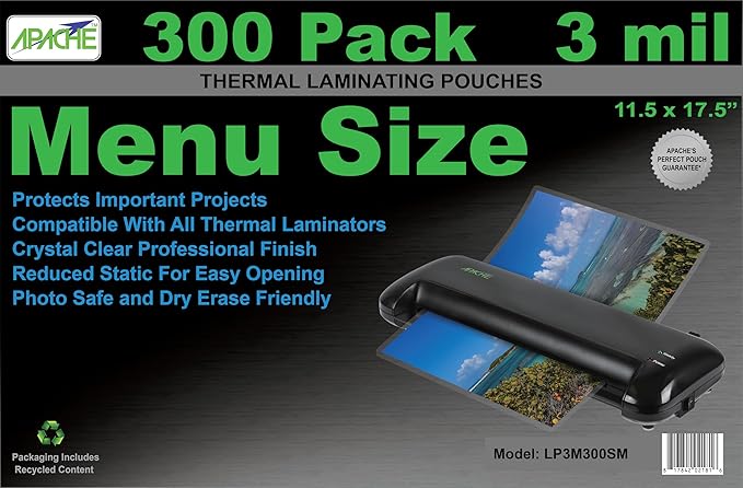 Apache 300 Pack Laminating Pouches 3 mil, Holds 11 x 17 Inch Menu Size (11.5 x 17.5 Inch Sheets), Office and School Supplies, Thermal Laminating Sheets, Super Clear, Round Corner