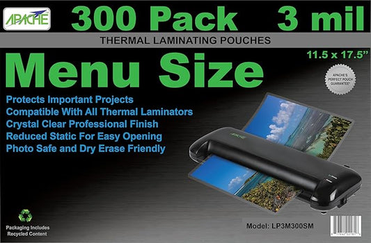 Apache 300 Pack Laminating Pouches 3 mil, Holds 11 x 17 Inch Menu Size (11.5 x 17.5 Inch Sheets), Office and School Supplies, Thermal Laminating Sheets, Super Clear, Round Corner