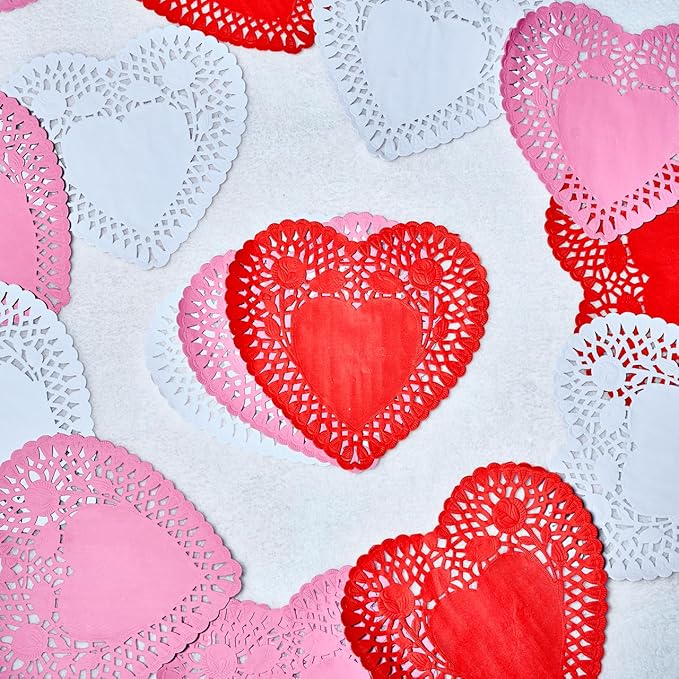 JOYIN 102 PCS Valentines Day Glitter and Foam Heart Doilies, Tableware Decoration, Home Activitie, Red White Pink Heart Doilies, Kitchen Disposable Table Crafts
