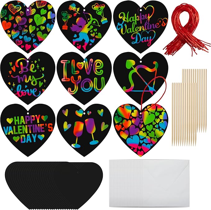 JOYIN 60 Packs Valentines Day Gifts Cards with Scratch Heart for Kids Magic Color Scratch Paper Heart Rainbow Cards for Valentine Crafts and Art Classroom Exchange, Party Favors