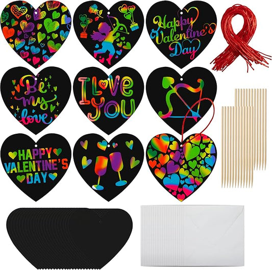 JOYIN 60 Packs Valentines Day Gifts Cards with Scratch Heart for Kids Magic Color Scratch Paper Heart Rainbow Cards for Valentine Crafts and Art Classroom Exchange, Party Favors