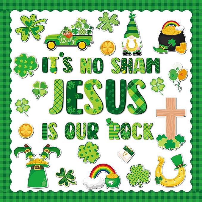 gisgfim St. Patrick's Day Jesus Bulletin Board Decorations Jesus is Our Rock Bulletin Board Set Happy St.Patrick Luck Shamrock Clover Cutouts Borders Decor for Irish Classroom Home Wall(St. Patrick's)