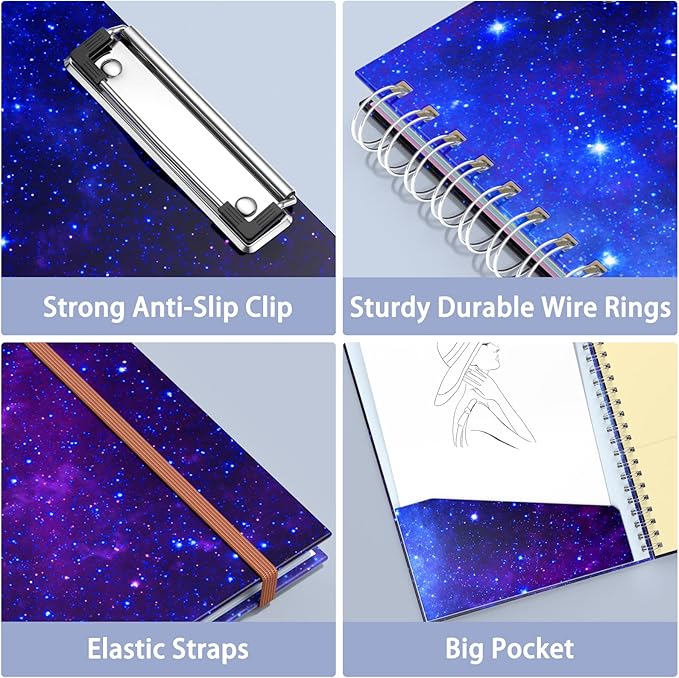 Rimilak Spiral Clipboard Folio with Refillable Lined Notepad, 14.5 x 9.8 In, Hardcover Cover with 5 Interior Pockets, Elastic Band and Pen Loop Series. Cute Stylish Clipfolio, Purple Nebula