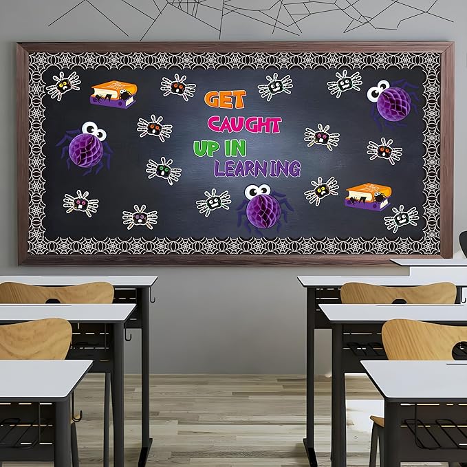 Yopyame 109PCS Get Caught Up in Learning Bulletin Board Set Halloween Handprint Spider Honeycomb Name Tags Cutouts Spider Web Border Trim Halloween Classroom Chalkboard Wall Decor Reading Room Decor