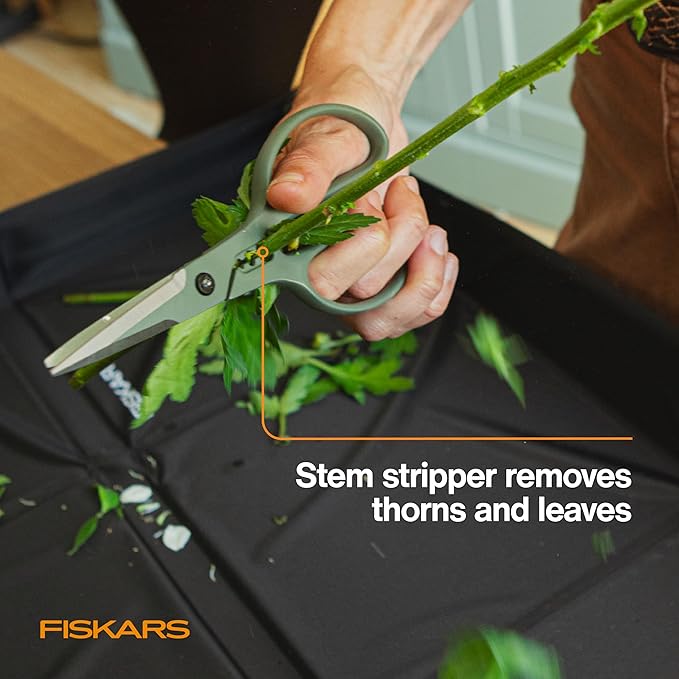 Fiskars Shaper Plant Shears, Precision Indoor Gardening Snips with Storage Caddy, Forged Stainless Steel Blades for Clean Cuts on Broad Leaves, Ambidextrous Handles & Stem Stripper, 6"