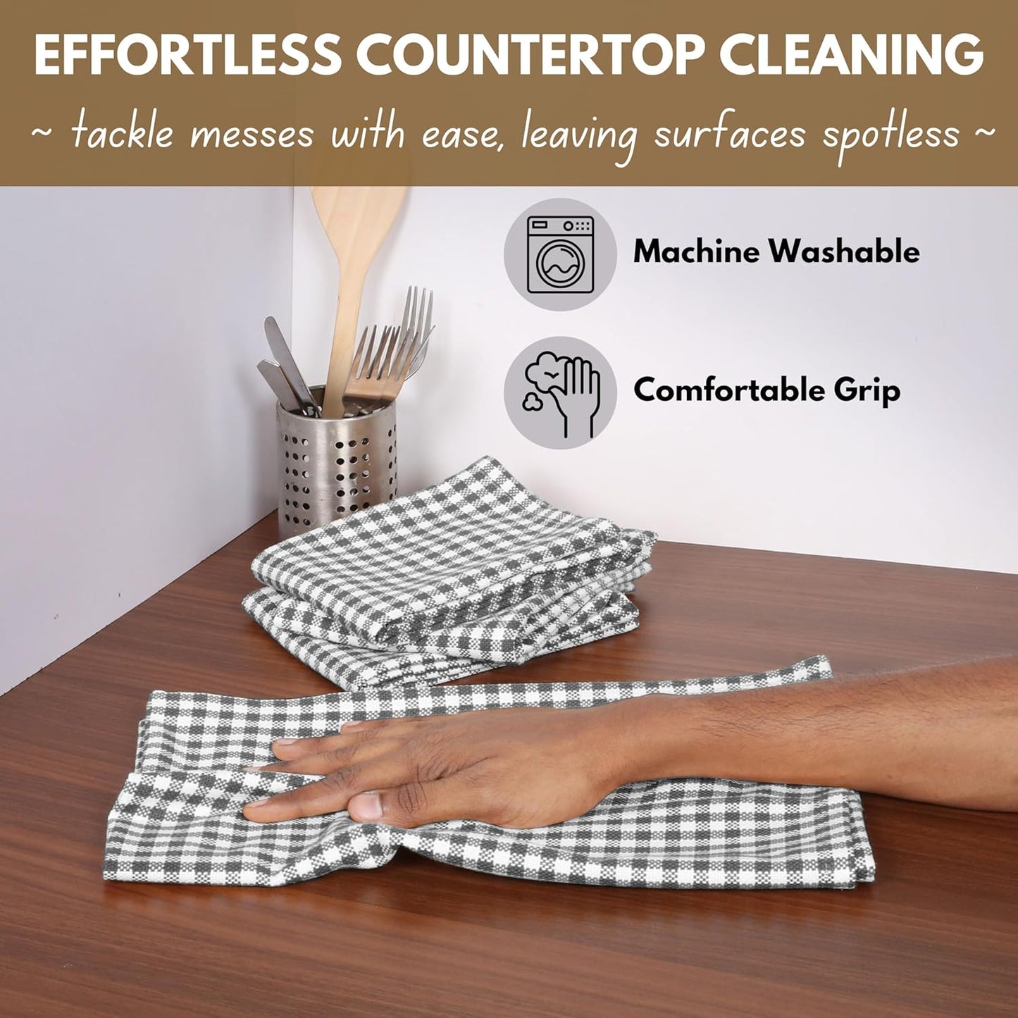 Native Fab 4 Pack Gingham Plaid Kitchen Towels 16"x26" - 100% Cotton Absorbent Washable Tea Towels, Kitchen Cloths, Restaurant Grade Dish Towel with Hanging Loop, Grey White
