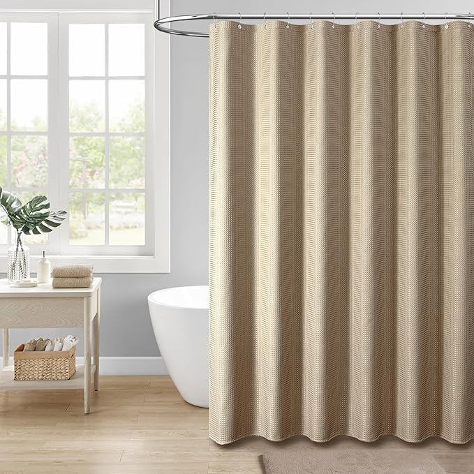 Dynamene Stall Fabric Shower Curtain - 48 inch Wide Waffle Weave Weighted Thick Cloth Shower Curtain for Bathroom, Neutral Heavy Duty Hotel Spa Luxury Bath Curtain Set with 8 Hook, 48x72, Beige/Khaki