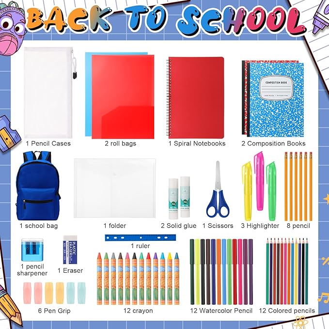 Back to School Supplies with Backpack Kids Kindergarten Preschool Elementary Supply Bundle Kit Middle High School Notebook for K-12 Student Girl Boy Classroom(Blue)