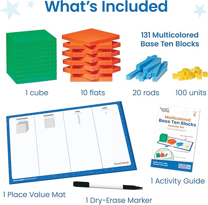 hand2mind Multicolored Base Ten Blocks Activity Set, Place Value Manipulatives, Base 10 Blocks for Math, Counting Cubes, Math Manipulatives 1st Grade, Small Group Classroom Must Haves (133 Pieces)