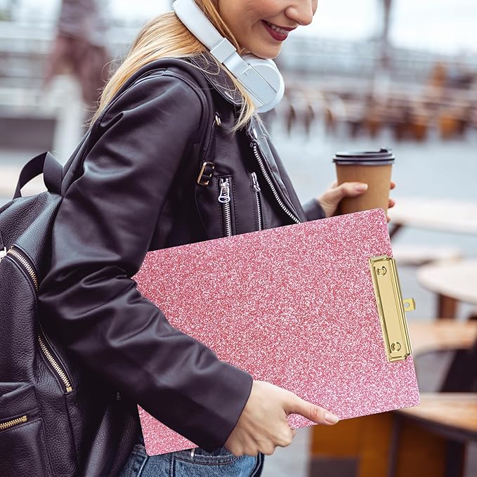 Piasoenc Acrylic Clipboards, Fashion Glitter Clip Board with Low Profile Gold Clip, Designed for Classroom School and Office Use, A4 Letter Size 9 x 12.5 in,Cute Pink