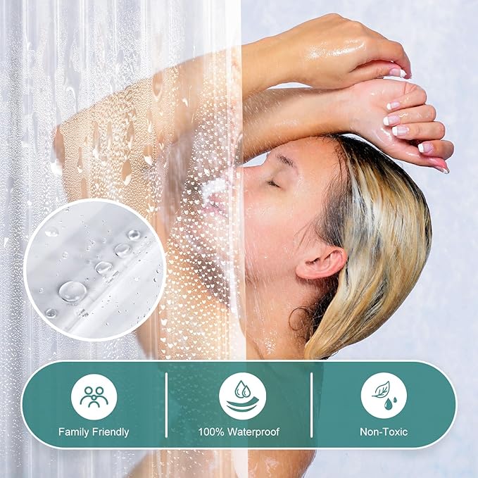 AmazerBath Heavy Duty Shower Curtain Liner 12 Gauge, 72 x 96 Inches Clear Shower Curtain Liner with 3 Clear Stones and 12 Grommet Holes, Weighted Plastic Shower Liner