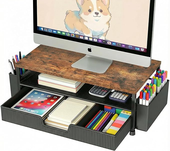 Desk Organizer and Accessories, 2-Tier Computer Monitor Stand Rise with Storage Drawer & 2 Pen Holders, Laptop & Printer Stand for Desktop, Workspace Organizers for Office Supplies (Brown)