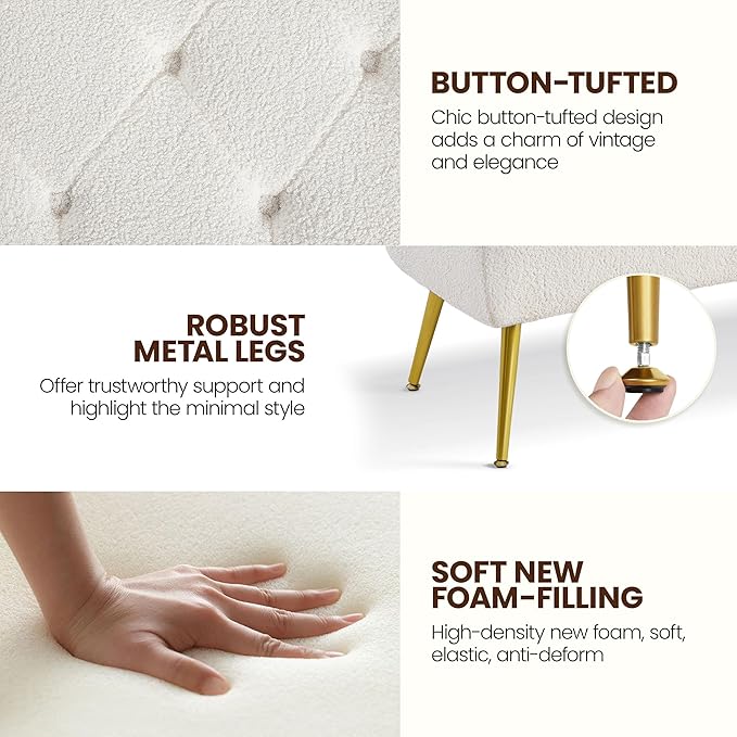 Yaheetech Modern Ottoman Bench Boucle Bench Upholstered Footrest for Living Room with Gold Metal Legs and Padded Seat Ivory