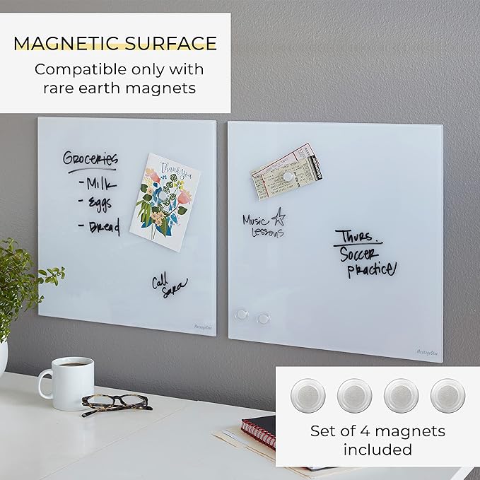 ECR4Kids MessageStor Magnetic Dry-Erase Glass Board with Magnets, 17.5in x 17.5in, Wall-Mounted Whiteboard, White, 2-Pack