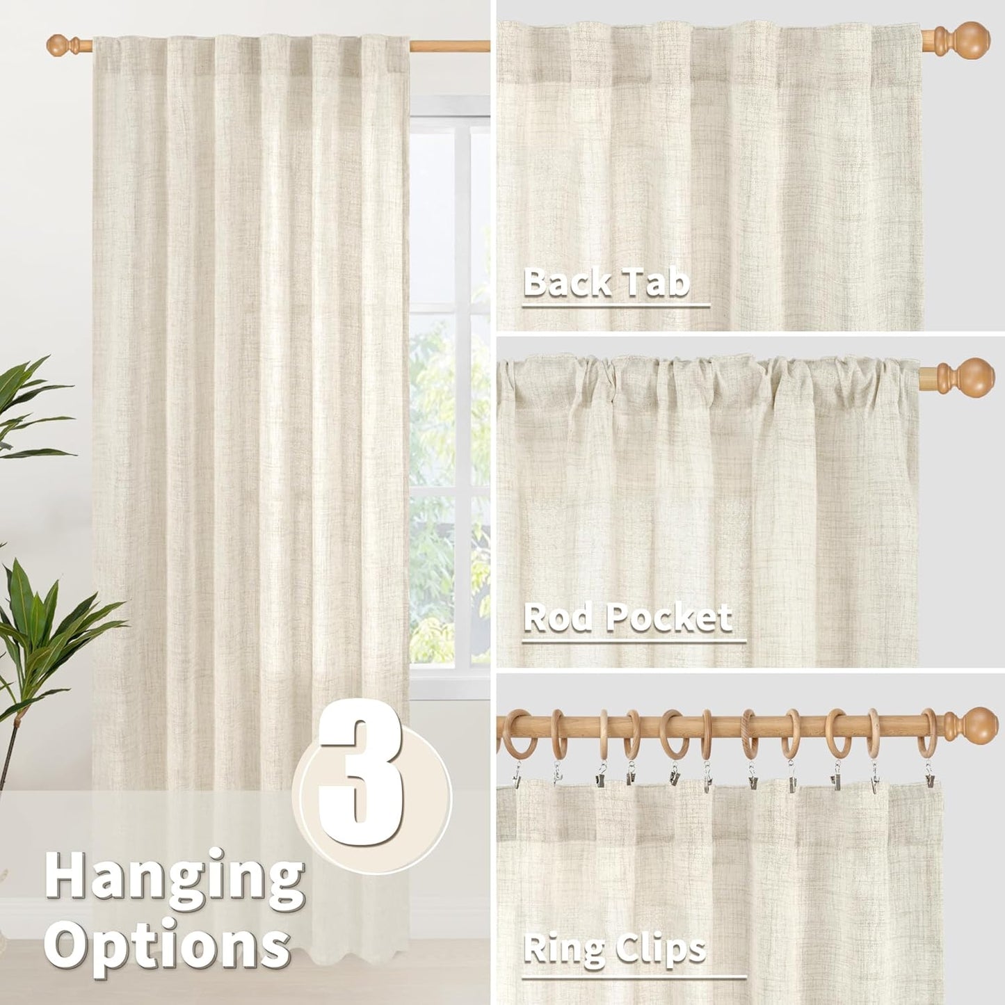 YoungsTex Linen Curtains 80 Inch Length for Living Room, Light Filtering Semi Sheer Drapes with Back Tab Rod Pocket for Bedroom Farmhouse Cream Textured Window Treatments, 2 Panels, 52 X 80 Inch