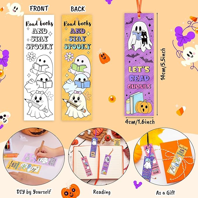 Halloween Color Your Own Bookmarks-120 Pcs Spooky Ghost Themed DIY Coloring Blank Bookmark Halloween Party Game Prize Art Craft Supplies for Students Fillers Classroom Reading Club Rewards Book Decors