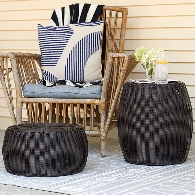 Household Essentials Handwoven Resin Storage Stool Ottoman, 16" Dia. x 9" H, Brown