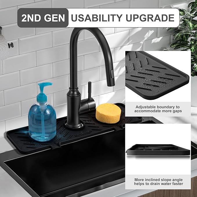Meiliweser Silicone Faucet Mat for Kitchen Sink – Gen 2 Splash Guard with Upgraded Outlet & Slope – 18” x 5.1” Water Catcher & Sink Sponge Holder for Kitchen and Bathroom (Black)