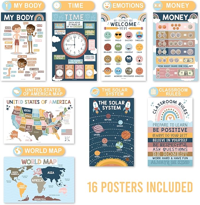 Hadley Designs 16 Educational Posters for Toddlers 1-3 - Learning Poster for Kids Ages 3-5, Alphabet Chart Playroom Homeschool Daycare & Classroom Decor, Kindergarten & Preschool Classroom Must Haves
