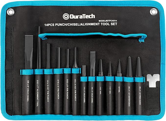 DURATECH 14 Piece Punch/Chisel/Alignment Tool Set, Including Pin, Center and Nail Punches, Alignment Tool, Cold Chisels, Chisel Gauge, with Rolling Pouch