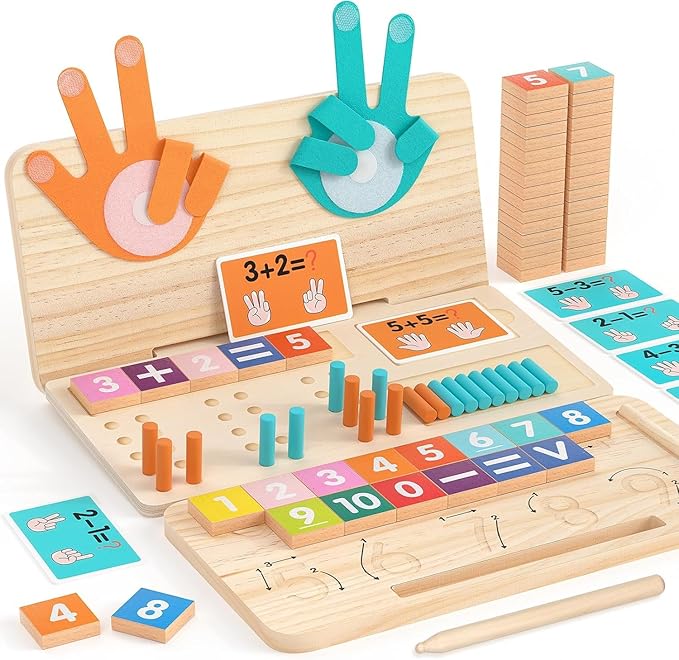 Montessori Math Toy for Kids 3-5, Wooden Number Blocks, Counting Sticks, Flash Cards, Math Manipulatives, Preschool Learning Activities and Kindergarten, Birthday Gift Toy for Toddlers, Boys and Girls