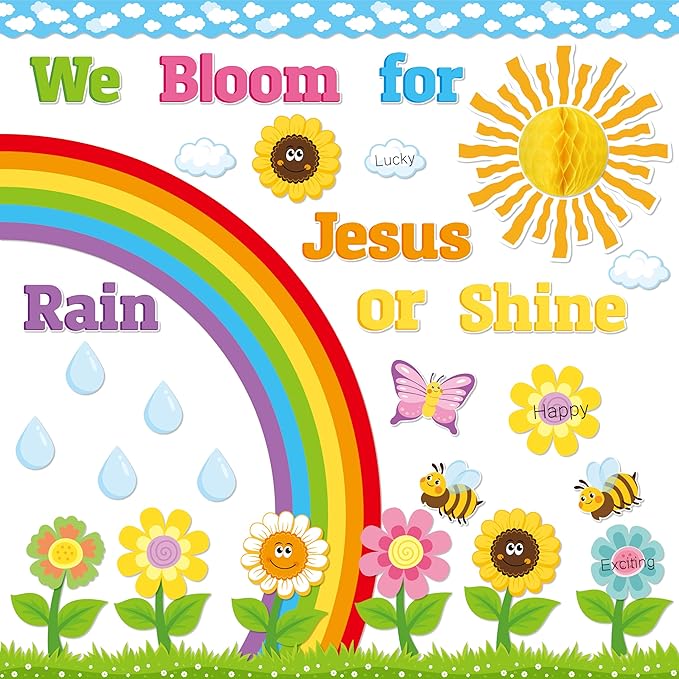 BeYumi 88Pcs We Bloom for Jesus Rain or Shine Christian Bulletin Board Set Spring Rainbow Sun Honeycomb Flowers Cutouts Name Tags Trim Border Faith Religious Sunday School Chalkboard Church Decoration