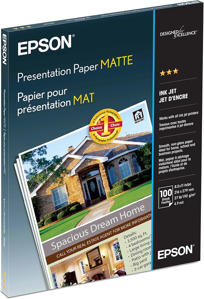 Epson Presentation Paper Matte, 8.5 x 11 Inch, 100 Count (S041062), White