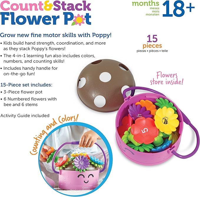 Learning Resources Poppy the Count & Stack Flower Pot - 15 Pieces, Ages 18+ Months, Toddler Fine Motor and Sensory Toys, Preschool Activity, Montessori