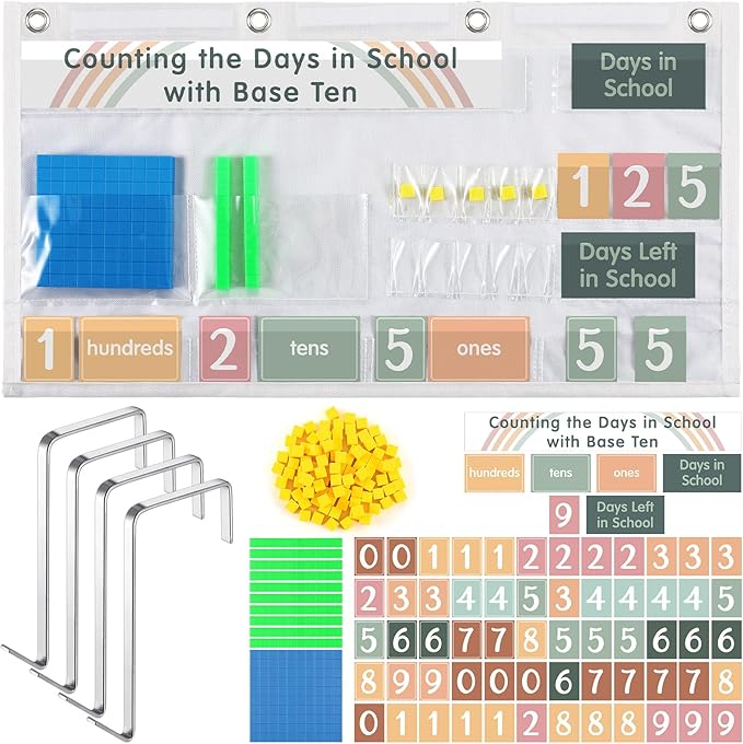 Back to School Counting The Days with Base Ten Pocket Chart Place Value, Counting Caddie Pocket Chart for Classroom Bulletin Board School or Home Decor, 4 Hooks (Colorful,Boho Style)