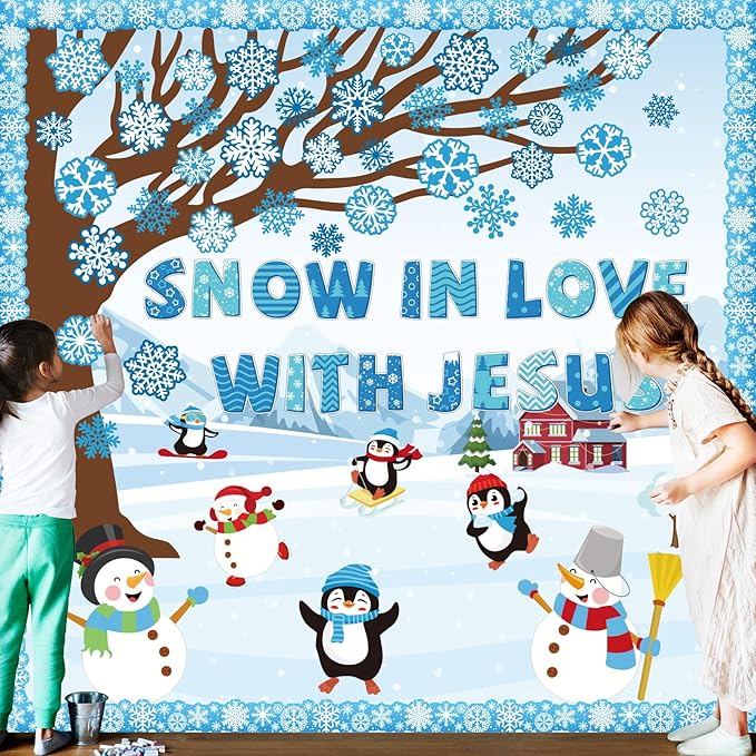 Winter Bulletin Board Decoration Set with Background Paper & Borders Cutouts for Christian Sunday School Classroom Church Decor Christmas Snow in Love with Jesus Bulletin Board Craft Home Wall(Winter)