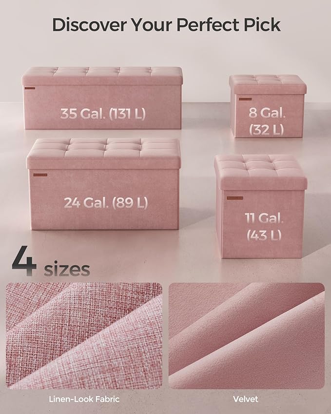 SONGMICS Mazie Collection - Storage Ottoman Bench, Foldable Foot Rest, 15 x 30 x 15 Inches, End of Bed Bench, Storage Chest, Load 660 lb, Living Room, Bedroom, Entryway, Jelly Pink ULSF247R01