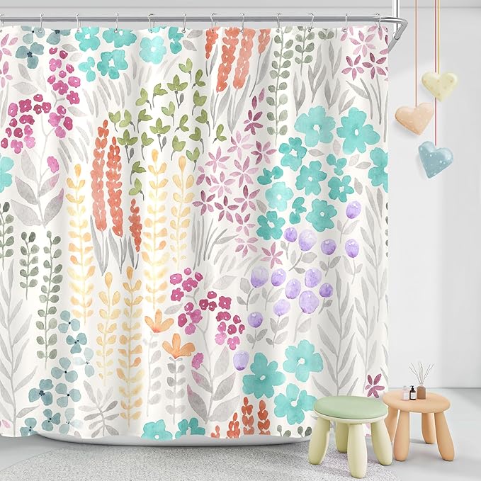 Extra Long Shower Curtain 72 x 84 Inch, Teal Blue Tall Cute Floral Shower Curtain for Bathroom, Turquoise Wildflower Boho Cottagecore Fabric Shower Curtain Set with Hooks