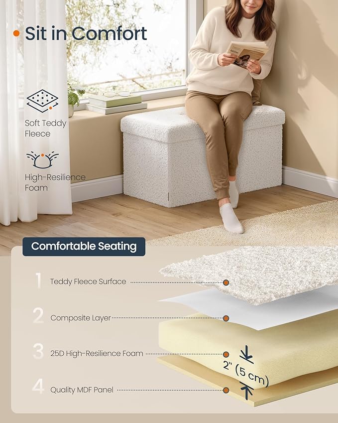 SONGMICS Storage Ottoman Bench, Storage Chest, 15 x 30 x 15 Inches, Foot Rest Stool, End of Bed Bench, Load up to 660 lb, for Living Room, Bedroom, Entryway, Cream White ULSF096W01