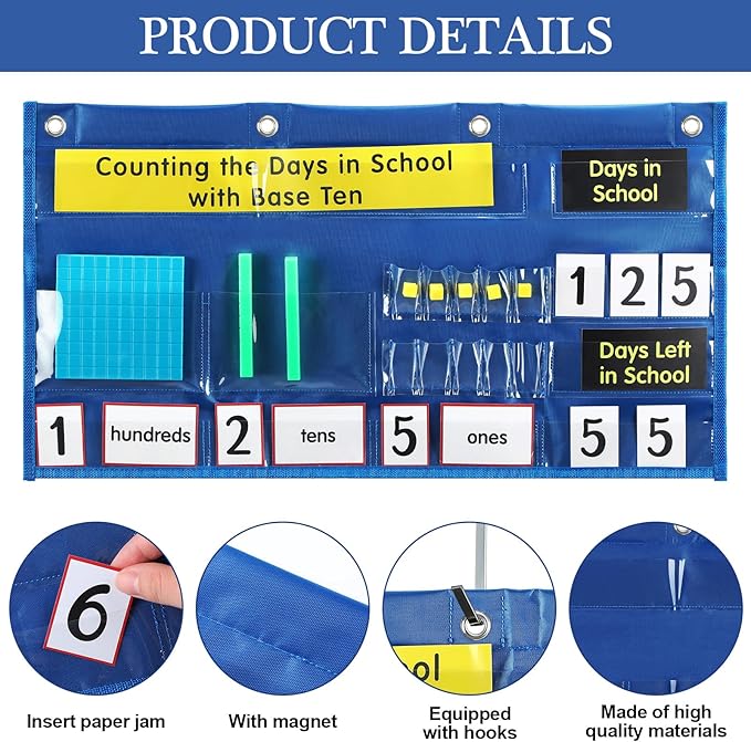 Back to School Counting The Days with Base Ten Pocket Chart Place Value, Counting Caddie Pocket Chart for Classroom Bulletin Board School or Home Decor, 4 Hooks(Blue,Classic Style)