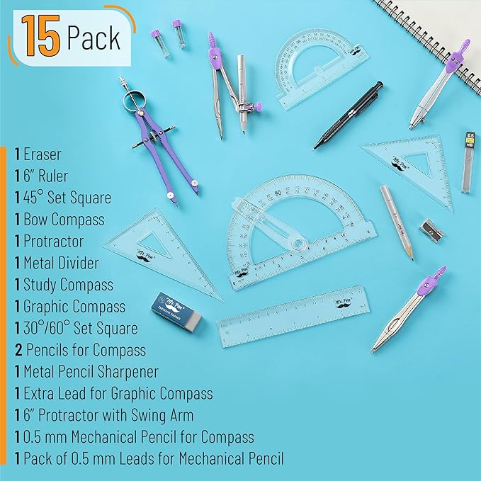 Mr. Pen- Geometry Set, 15 pcs, Purple, 6 Inch Swing Arm Protractor, Divider, Set Squares, Ruler, Compasses and Protractor