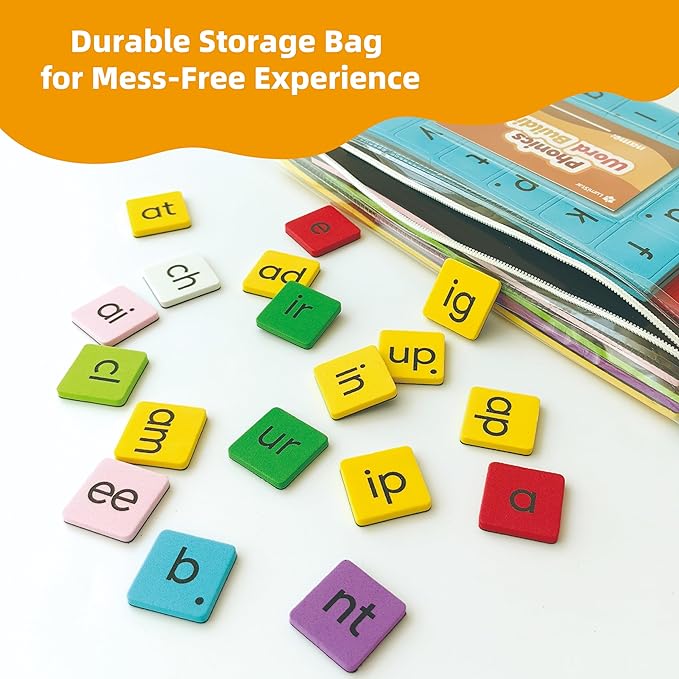 Phonics Word Building Magnetic Tiles Set, Phonics Manipulatives, Magnetic Letter Tiles, Educational Learning Kit with 239 Foam Tiles, 90 Cards, Magnetic Folder