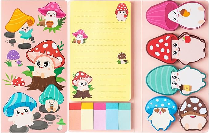 B1ykin Cute Sticky Notes Set - Lovely Mushroom Shaped Self-Stick Notes Pad, 550 Sheets Writing Memo Pages Sticky Notepad for Teacher Appreciation Gift, School Office Party Favors Supplies (Mushroom)